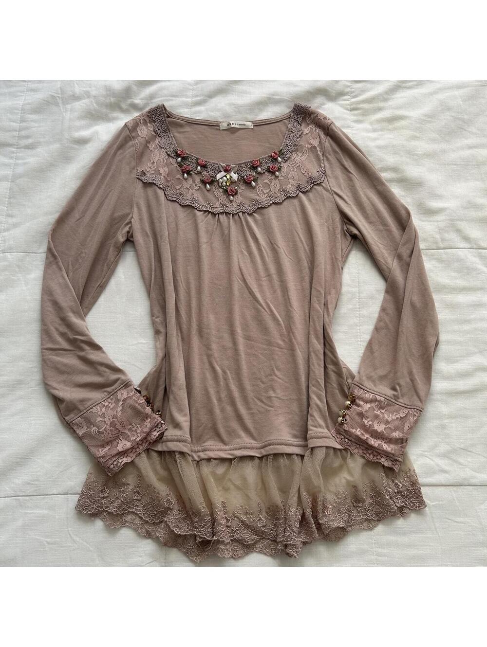 Axes Femme Dusty Rose Lace Mesh Layered Top Jeweled Rose Neckline Medium Japan